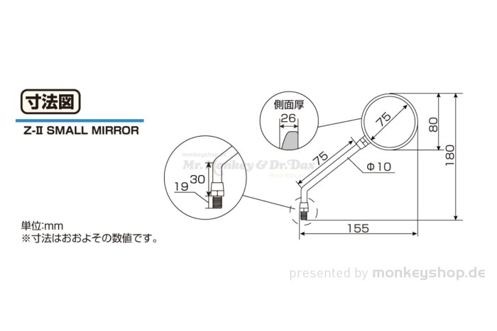 Kitaco Spiegel Z-II schwarz rund M10 Rechtsgewinde