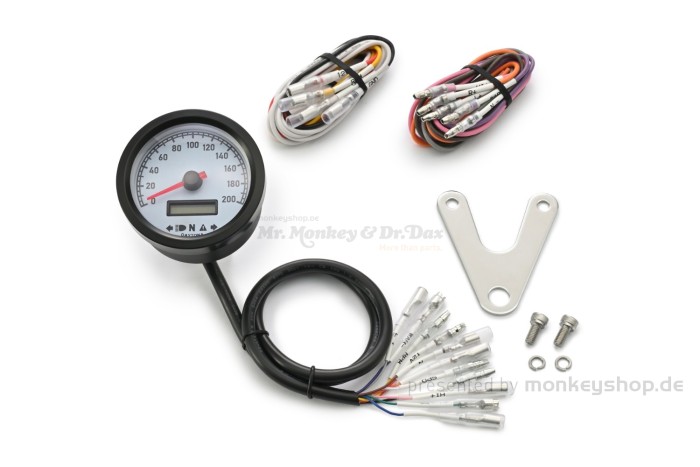 Daytona "VELONA60-WP" Tachometer 200 KM/H MPH m. Kontrollanzeigen, weiße LED, weißes Ziffernblatt, schwarzes Gehäuse