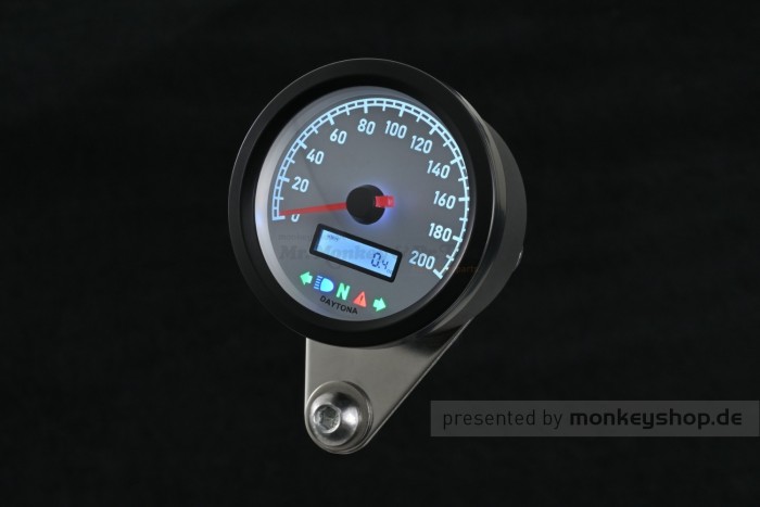Daytona "VELONA60-WP" Tachometer 200 KM/H MPH m. Kontrollanzeigen, weiße LED, weißes Ziffernblatt, schwarzes Gehäuse
