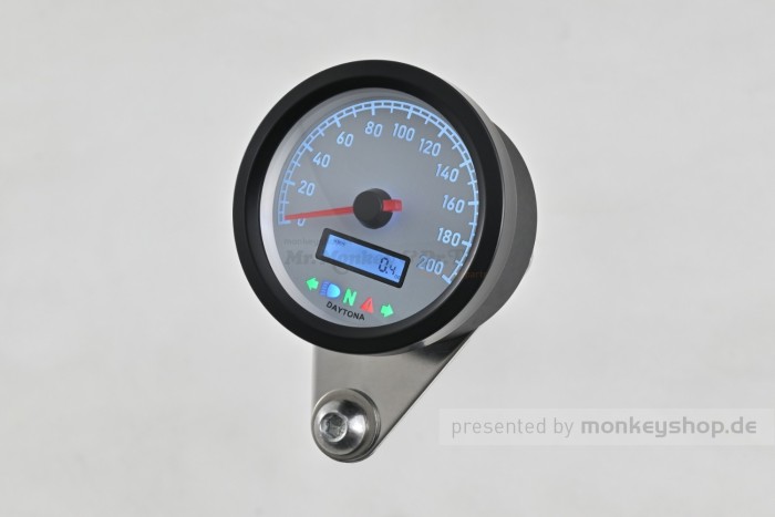 Daytona "VELONA60-WP" Tachometer 200 KM/H MPH m. Kontrollanzeigen, weiße LED, weißes Ziffernblatt, schwarzes Gehäuse