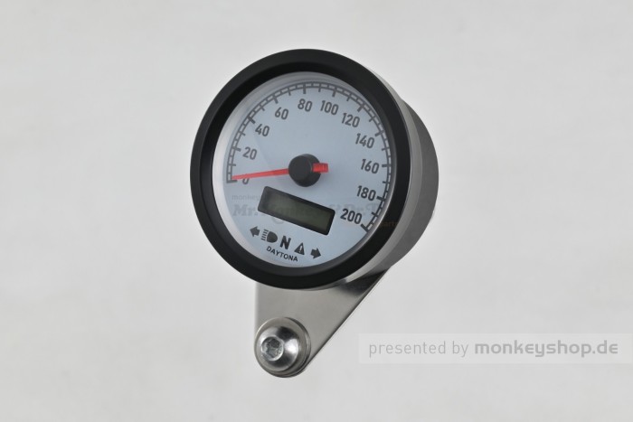 Daytona "VELONA60-WP" Tachometer 200 KM/H MPH m. Kontrollanzeigen, weiße LED, weißes Ziffernblatt, schwarzes Gehäuse