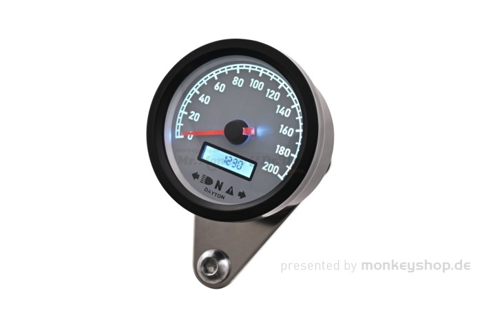 Daytona "VELONA60-WP" Tachometer 200 KM/H MPH m. Kontrollanzeigen, weiße LED, weißes Ziffernblatt, schwarzes Gehäuse