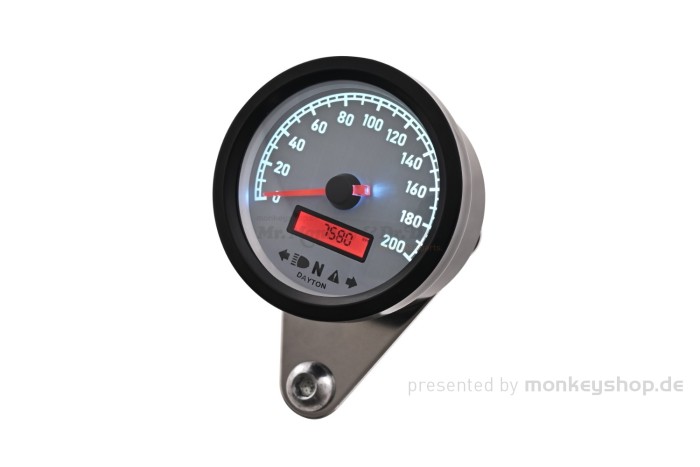 Daytona "VELONA60-WP" Tachometer 200 KM/H MPH m. Kontrollanzeigen, weiße LED, weißes Ziffernblatt, schwarzes Gehäuse