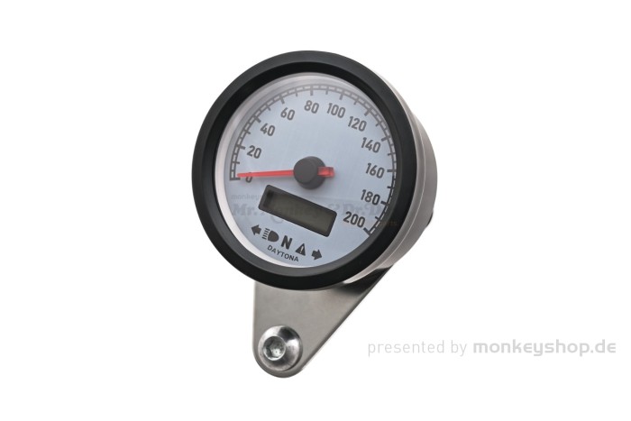 Daytona "VELONA60-WP" Tachometer 200 KM/H MPH m. Kontrollanzeigen, weiße LED, weißes Ziffernblatt, schwarzes Gehäuse