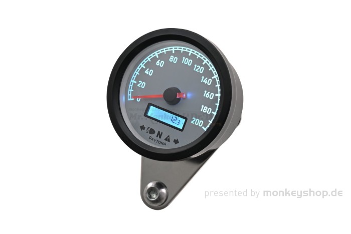 Daytona "VELONA60-WP" Tachometer 200 KM/H MPH m. Kontrollanzeigen, weiße LED, weißes Ziffernblatt, schwarzes Gehäuse