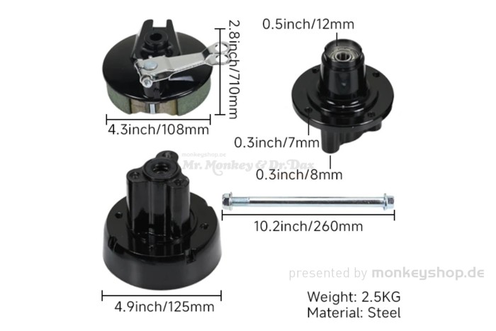 Naben Satz 12mm Achse schwarz Scheibenbremse vorn + Trommelbremse hinten f. Monkey 50 + Gorilla