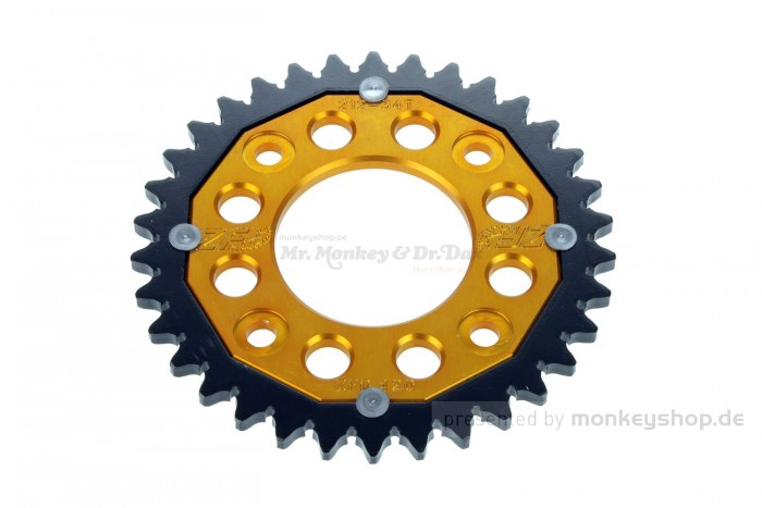 Kettenrad Alu/Stahl 35T hinten gold schwarz f. MSX + Monkey 125