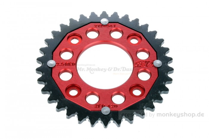 Kettenrad Alu/Stahl 34T hinten rot schwarz f. MSX + Monkey 125