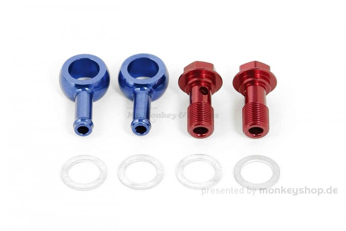 Takegawa Hohlschrauben + Ring-Schlauchnippel Set M12 rot blau eloxiert f. Ölkühler Anschluss